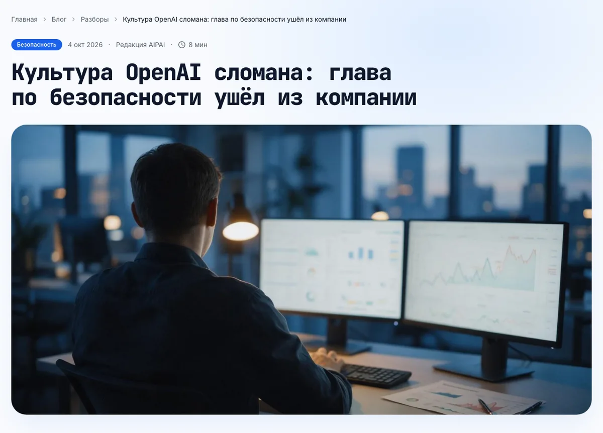 Статья в блоге aipai.ru: тему выбрала, текст написала и опубликовала AI-редакция