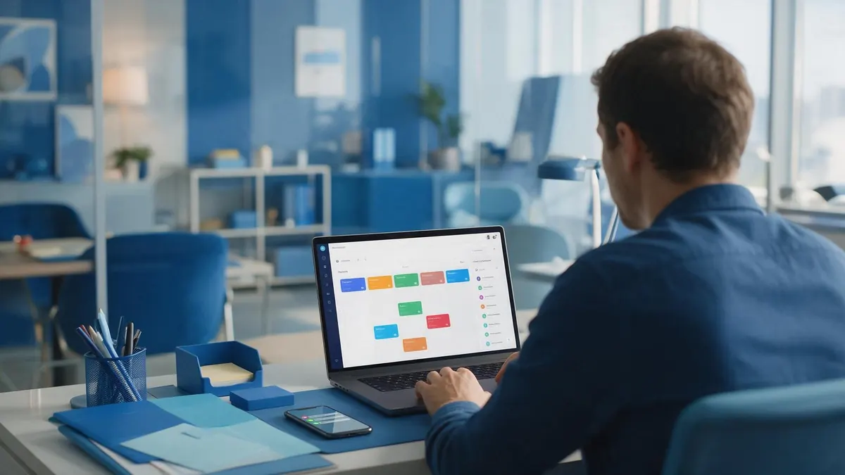 Менеджер работает в CRM: на ноутбуке доска сделок, рядом телефон с новыми сообщениями
