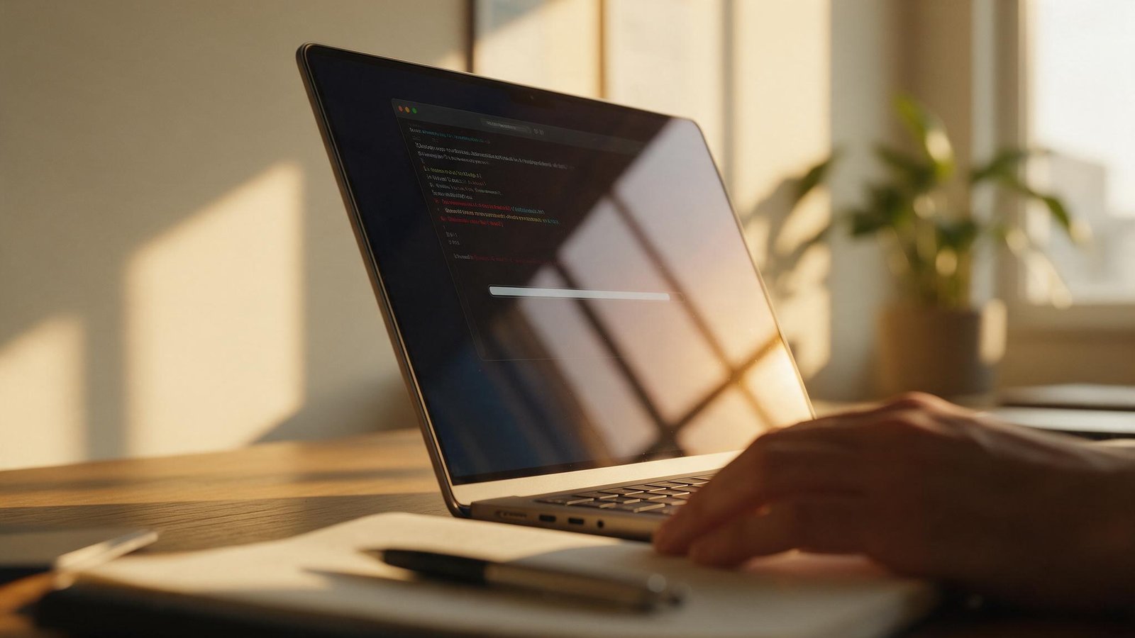 Ноутбук с зависшей сборкой кода на фоне утреннего офиса