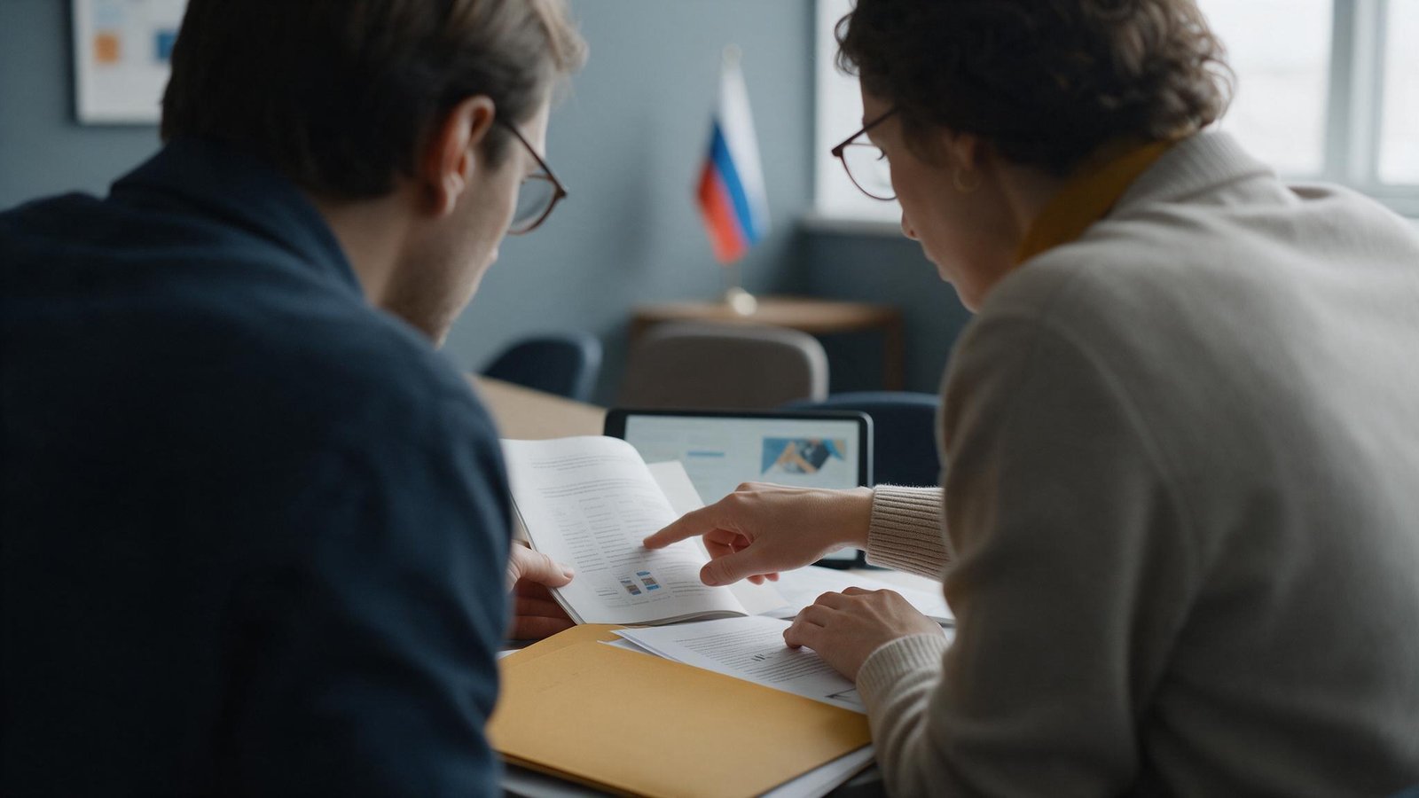Сотрудники банка обсуждают документы и планшет, на фоне размытый флаг РФ
